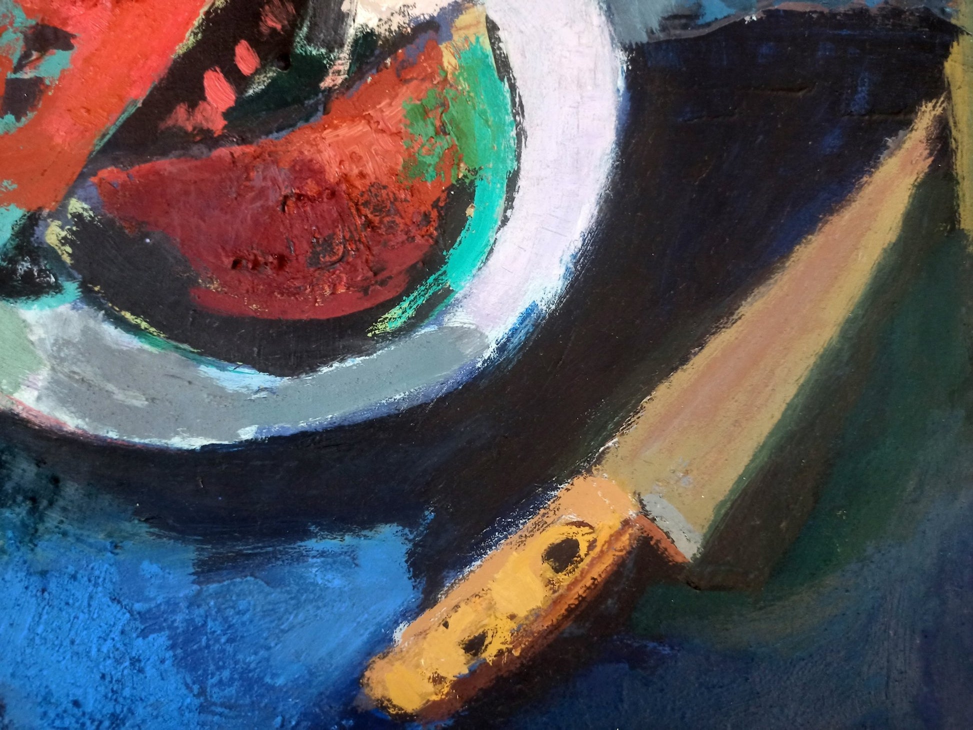 Willy Ramos – Bodegón con sandía, pintura expresionista contemporánea detalle cuchillo y composición abstracta colorida