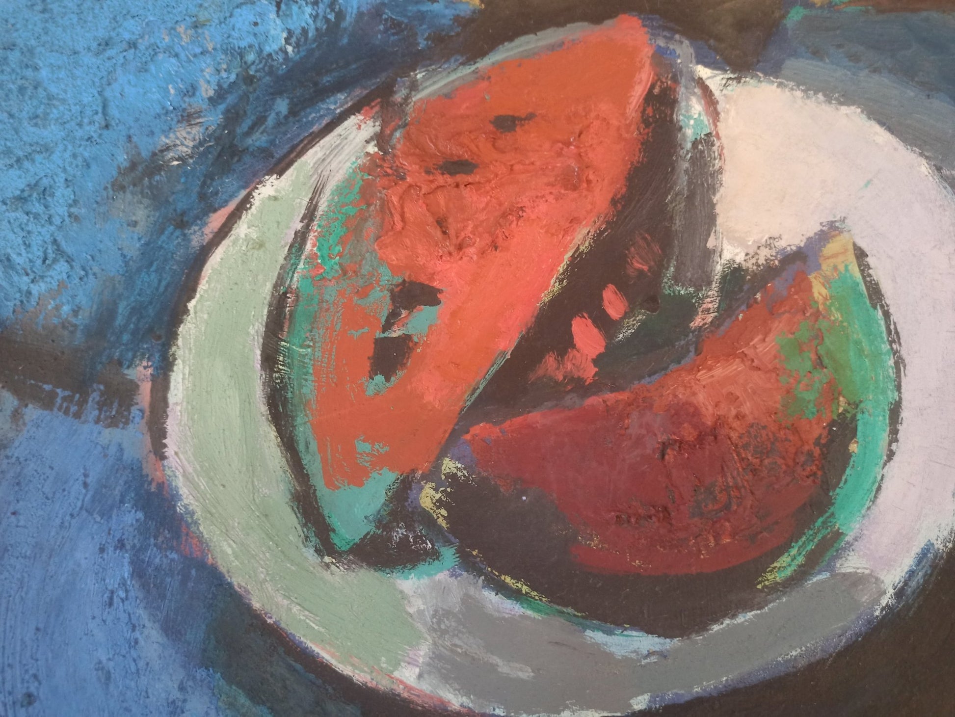 Willy Ramos – Bodegón con sandía, pintura expresionista contemporánea con sandía en plato composición abstracta colorida