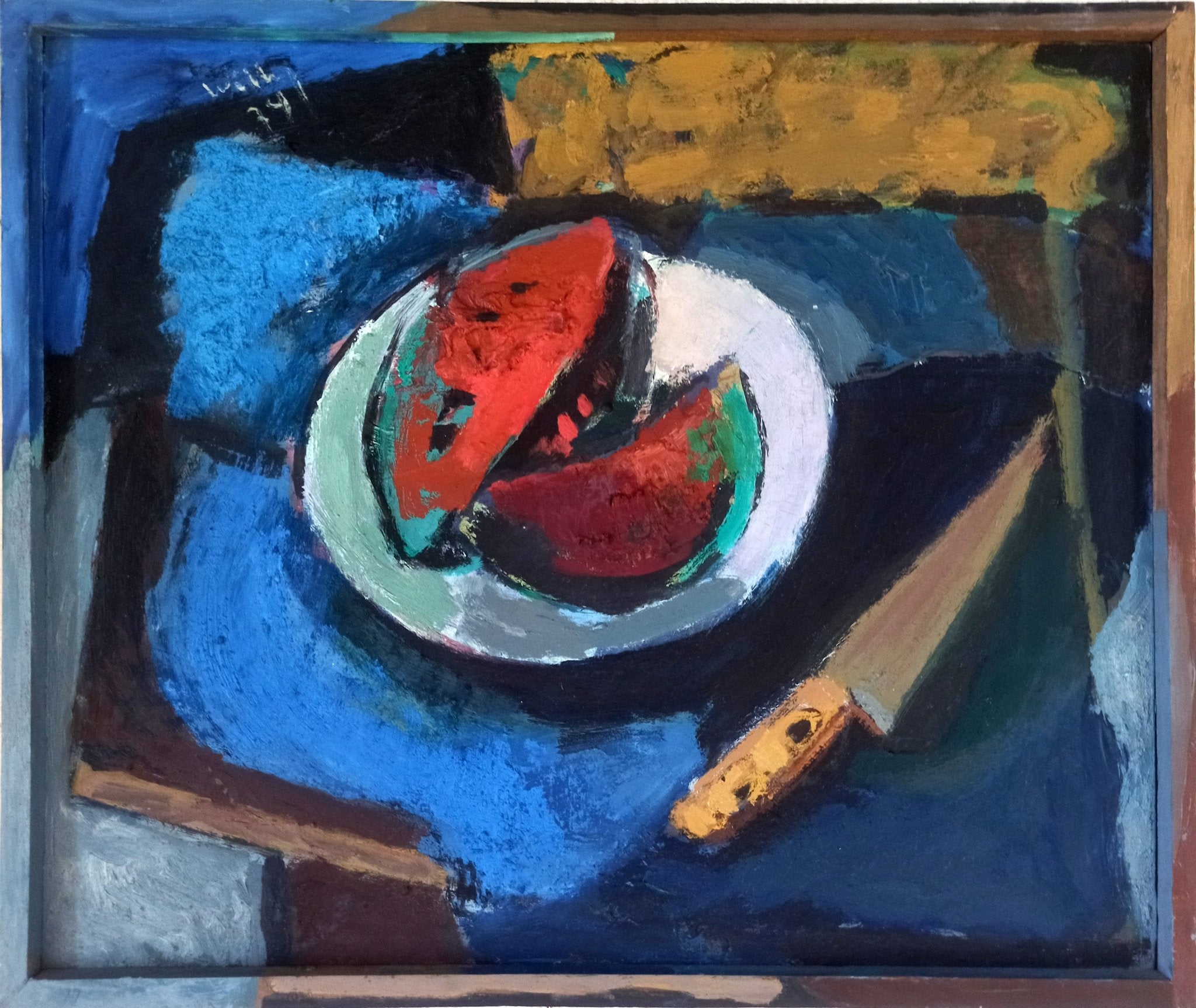 Willy Ramos – Bodegón con sandía, pintura expresionista contemporánea con sandía, cuchillo y composición abstracta colorida.