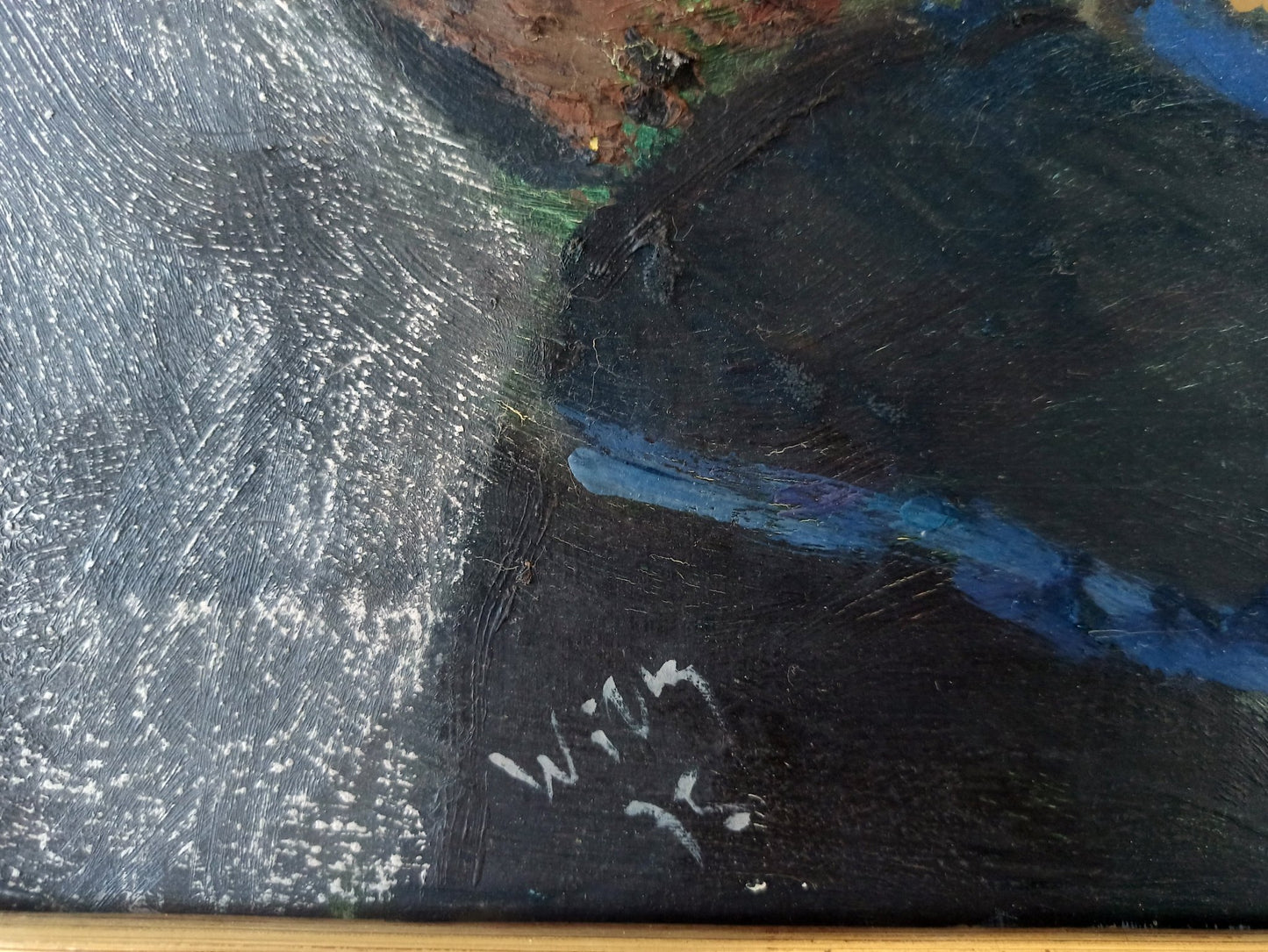 Willy Ramos Bodegón con señora pintura expresionista con figura femenina, plato y taza en composición abstracta firma
