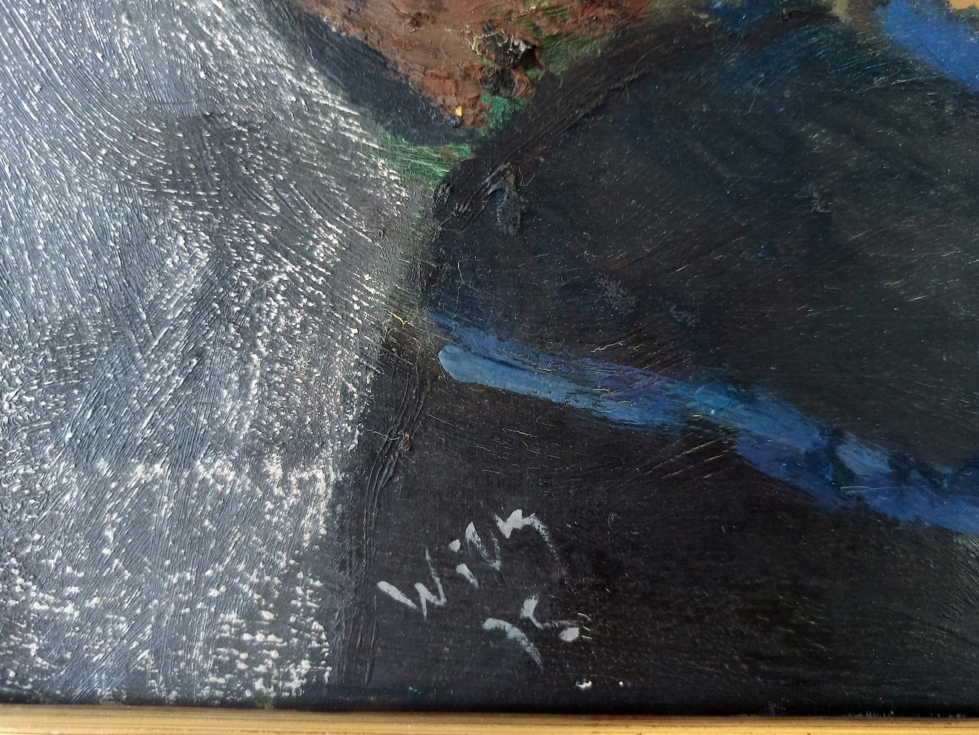 Willy Ramos Bodegón con señora pintura expresionista con figura femenina, plato y taza en composición abstracta firma
