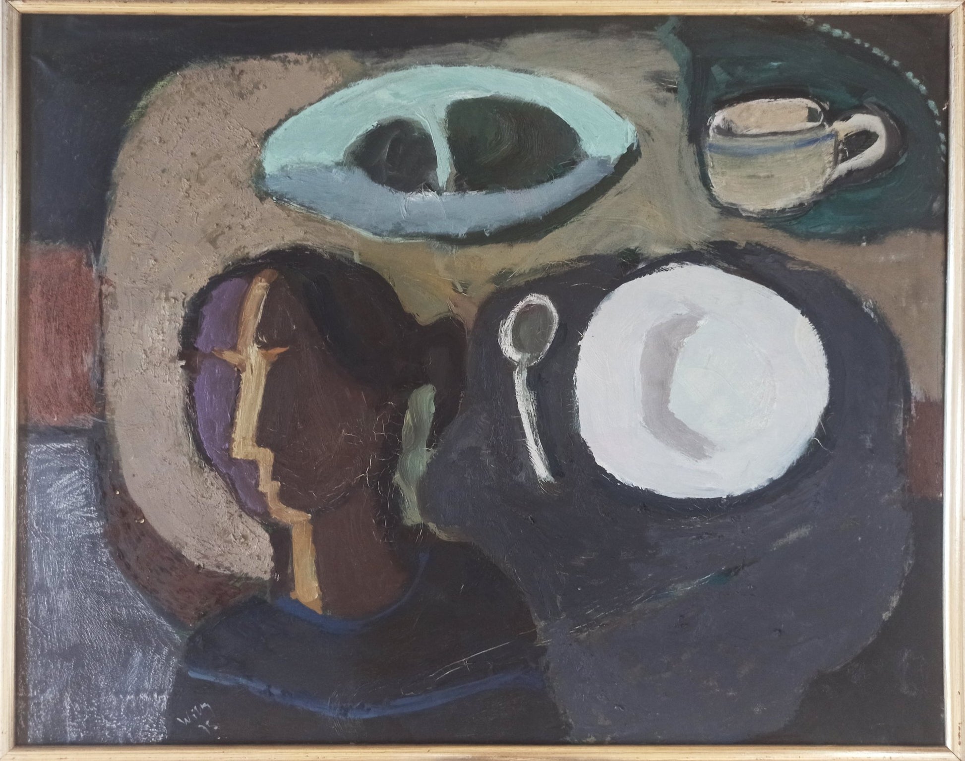 Willy Ramos Bodegón con señora pintura expresionista con figura femenina, plato y taza en composición abstracta