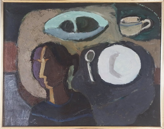 Willy Ramos Bodegón con señora pintura expresionista con figura femenina, plato y taza en composición abstracta